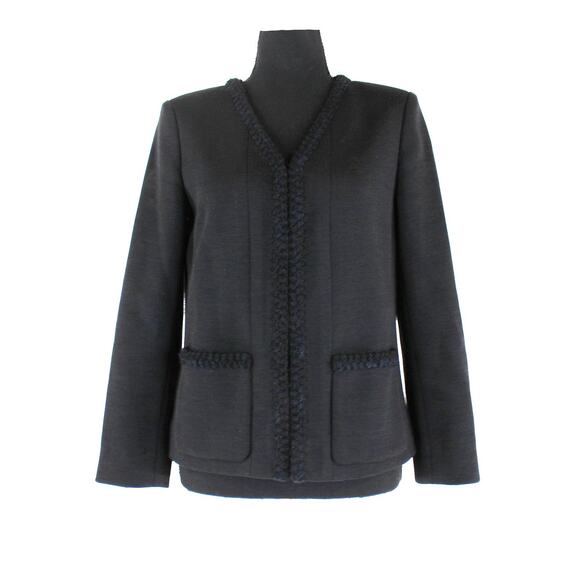 CHANEL Black Wool Tweed Braided Trim Pocket Blazer 36 V-Neck Jacket CC Uniform